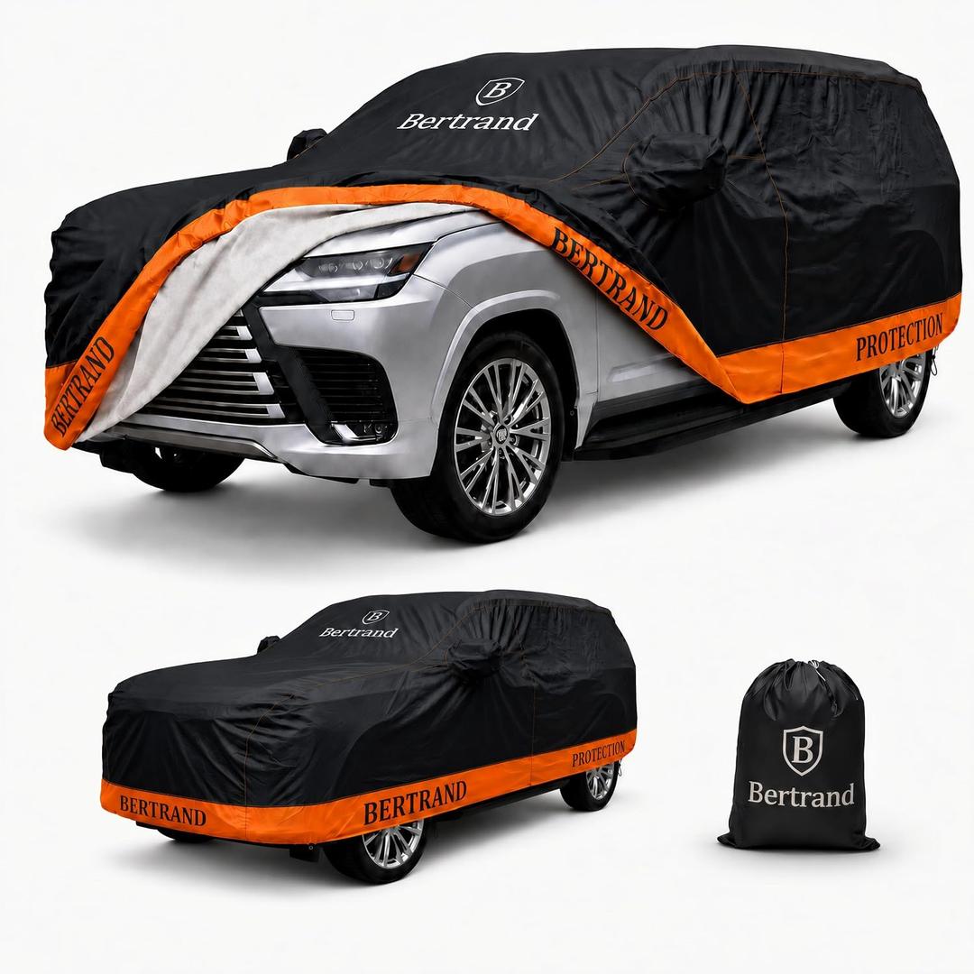 BERTRAND Heavy Duty SUV Car Cover Waterproof All Weather, S3 to 210 in | Multilayer composite, rain, snow, wind, sun protection, 8-point anchoring, cotton lining, door zipper, size chart