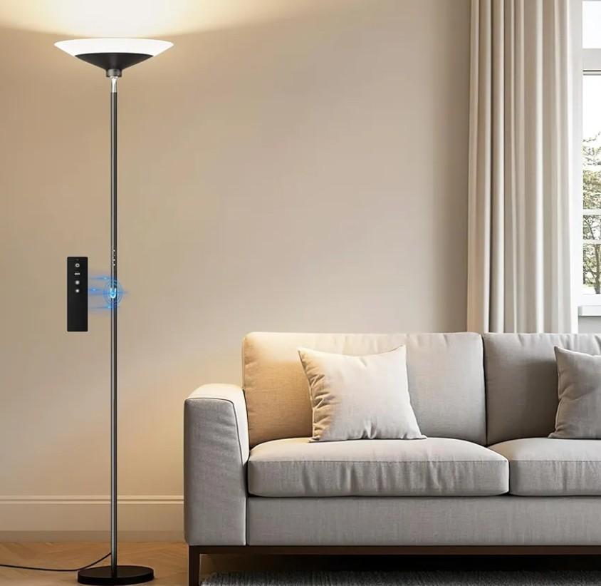 Torchiere Floor Lamp - 72" Tall LED Standing Lamp with Remote/Button Control, 1800Lm, 3000-6500K, 30W Dimmable Modern Corner Floor Light for Living Room Bedroom Office Apartment, Black