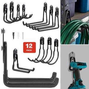Wallmaster Garage Hooks Organizer Kit,12 Pack Adjustable Heavy Duty Shelving Hook,Wall Mount Utility Steel Garage Organization (Black)