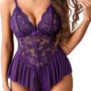 Avidlove Teddy Lingerie for Women Lace Bodysuit One Piece Babydoll Mesh Chemise V Neck Sleepwear (Small, Purple)