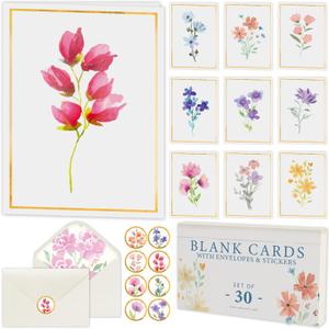 Only Zest 30 Pack Blank Cards and Envelopes - 4 x 6 Inch Floral Greeting Cards for Encouragement, Stationery Set for All Occasions, Blank Note Cards with 10 Unique Designs