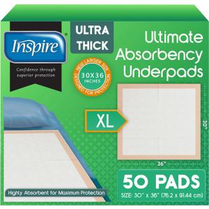 Inspire Extra Large Super Absorbent Disposable Bed Pads for Chronic Incontinence Ultra Thick and Absorbent Bed Pads Disposable Adult | Pee Pads for Adults (30" X 36" Pack of 50)