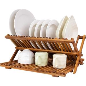Utoplike Large Teak Dish Drying Rack, Wooden 3 Tier Collapsible Dish Draine for Countertop, Kitchen Organizer for Pasta Plates, Cups
