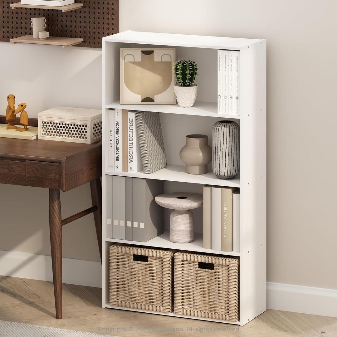 Furinno Simple Book Shelf, 4-Tier Bookshelf, Bookcase with Open Shelf, 9.4 x 23.6 x 41.7, for Living Room, Bedroom, Home Office, White, 4-Tier, Standard