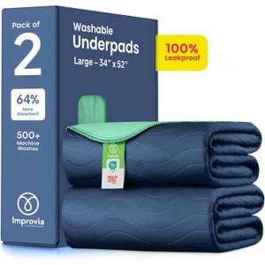 IMPROVIA Washable Underpads 34" x 52" Pack of 2 Heavy Absorbency Reusable Bedwetting Incontinence Pads for Adults, Kids, & Pets - Waterproof Protective Pad for Bed, Couch, Sofa, Floor (Navy & Green)