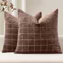 MIULEE Decorative Chenille Check Throw Pillow Covers Vintage Plaid Couch Pillows 20x20 Inch Set of 2 Neutral Boho Farmhouse Cushion Covers Modern Home Decor for Sofa Bed Living Room Reddish Brown