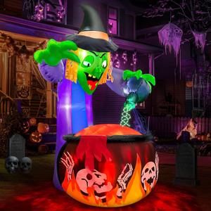 [ 2 Style Lights ] 5 Ft Halloween Inflatable Witch and Cauldron with Rotating Red Flame Lights & Green LED String Light, Halloween Decorations Outdoor Blow Up Yard Decor for Indoor Party Garden Lawn