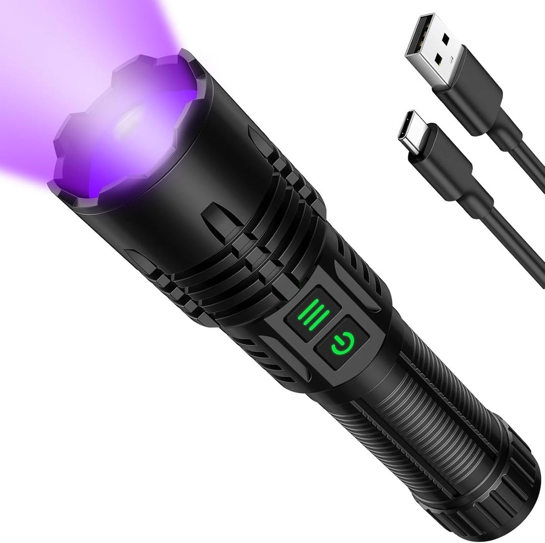 UV Blacklight&High Lumens Flashlight Rechargeable, Powerful Blacklight Flashlights for Pet Urine Detection, Resin Curing, Scorpion, Zoomable Waterproof Tactical LED Flashlight for Camping, Emgergency