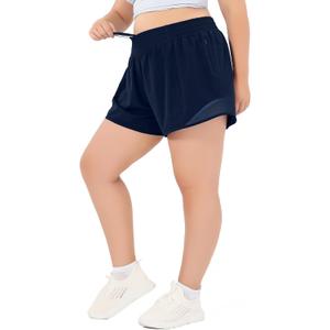 Aurefin High Waisted Athletic Shorts for Women, Womens Plus Size Running Workout Shorts with Liner and Zip Pocket 4 inch (1X, Navy Blue)