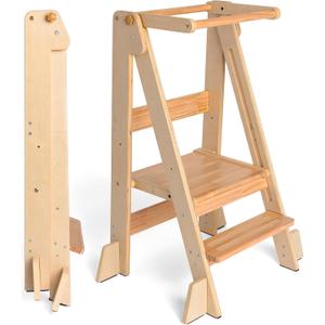 OCODILE Adjustable Foldable Toddler Tower Folding Tower for Kids | Montessori Toddler Kitchen Step Stool Helper for Independence - Varnished