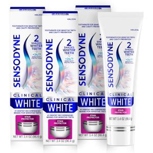 Sensodyne Clinical White Toothpaste Clinically Proven Whitening for Sensitive Teeth, Stain Protector, 3.4 oz x 3 (3.4 Ounce (Pack of 3))