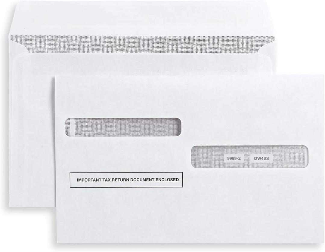50 W2 Envelopes, for 4-Up Style W-2 Forms, Double Window, Security, Self Seal Envelope, W-2 Tax Form Envelopes 50 Pack