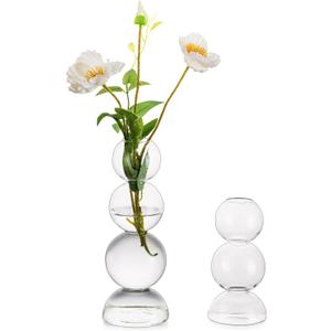 Glass Bubble Vases for Flowers, Hewory 2pcs Clear Unique Cute Single Flower Vase for Centerpieces, Funky Aesthetic Vase Skinny Bud Vase, Cool Groovy Decor for Home Living Room Bedroom Office Tabletop
