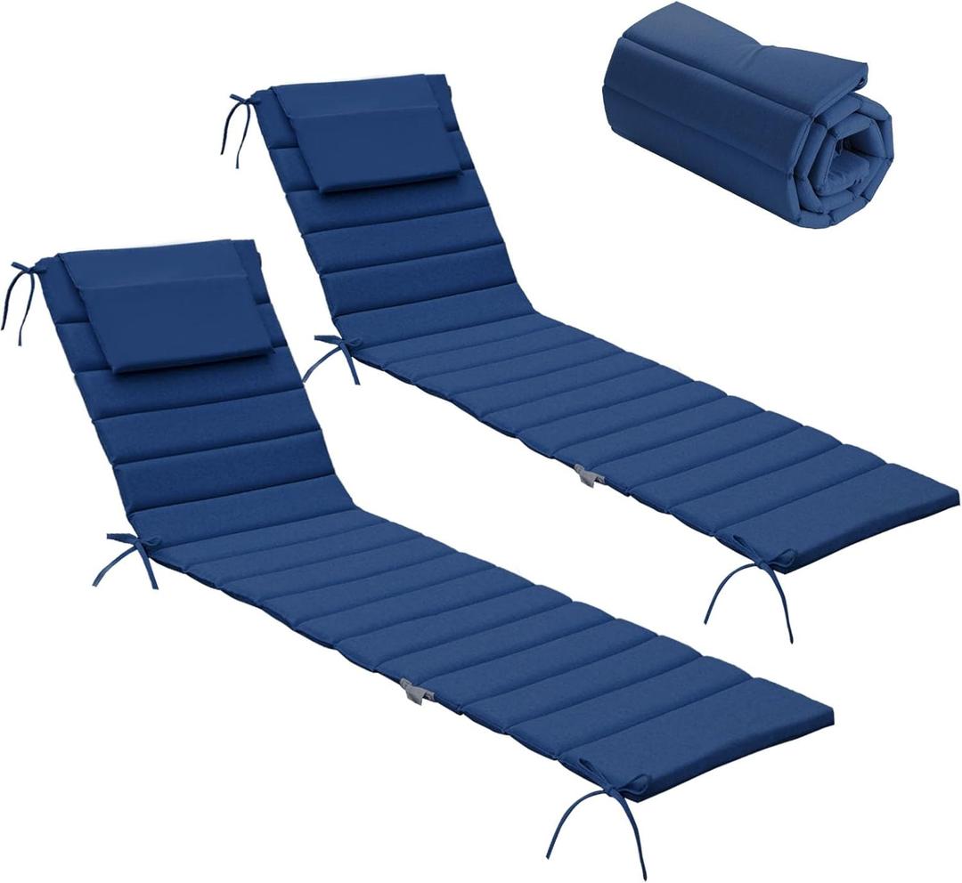 Chaise Lounge Cushions Outdoor Set of 2- Foldable Olefin Pool Lounge Chair Cushions with Ties,Headrest, 80x26 Inch, Waterproof Lounge Chair Pads Replacement for Lawn Garden, Navy Blue
