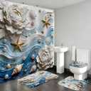 DDQQ 3D Waves and Starfish Shower Curtains with Rugs, Seashells and Pearl Accents Bathroom Sets with Shower Curtain and Rugs, White Flower Shower Curtains for Bathroom Toilet Lid Cover