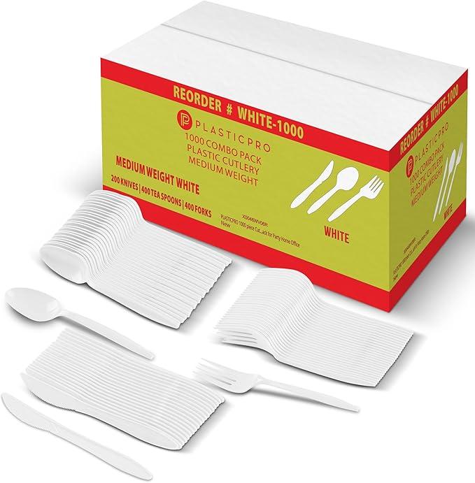 1000 Combo Pack Plastic Cutlery, Medium Weight White