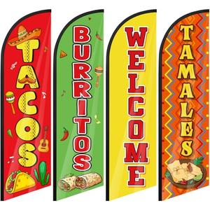 Remagr 4 Pcs Mexican Food Tacos Feather Flag 7. 9 ft x 23. 6 Inch Mexican Restaurants Advertising Banner Sign for Burritos Tamales and Welcome Advertising Flags Businesses Markets Outside