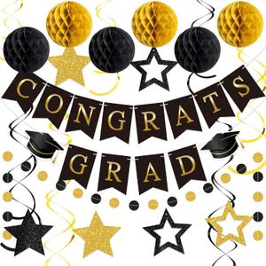Seenelling 2026 Graduation Decorations Black and Gold Congrats Grad Banner with Hanging Swirl Honeycomb Ball Circle Garland Grad Party Favor Supplies for College Senior High School Classroom Decor