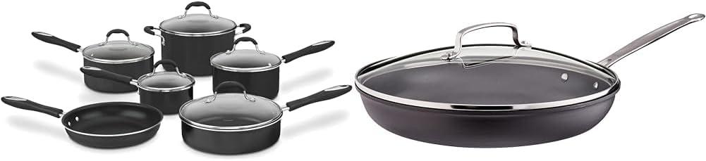 Cuisinart 11-Piece Nonstick Cookware Set, Black, 55-11BK & 12-Inch Skillet, Nonstick-Hard-Anodized with Glass Cover, 622-30G