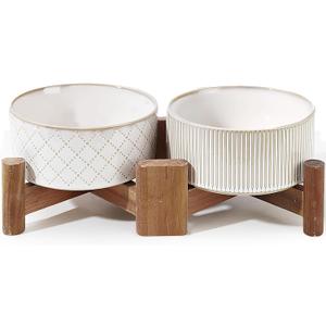 Getstar Ceramic Dog Bowls with Acacia Wood Stand, 30 fl oz, Set of 2, Dog Food Bowl, Cat Bowls (6.5 inches, Stripes and Checks)