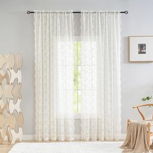 YJ YANJUN Vintage Lace Curtains 96 Inches Long- Victorian Floral Pattern Ivory Sheer Curtain Panels for Living Room, French Country Shabby Chic Light Filtering Drapes, 2 Panels 52W x 96L Cream