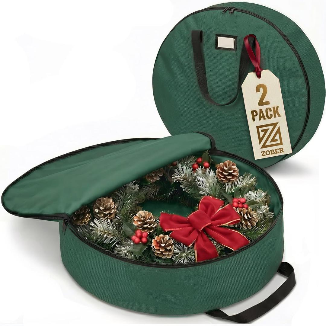 ZOBER 2 Pack Oxford Christmas Wreath Storage Container 30 Inch - Wreath Bag for Artificial Wreaths Box - Waterproof Fabric, Dual Zippered Wreaths Storage Bag With Strong Durable Handles - Green