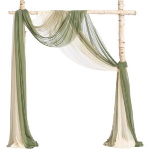 Ling's Moment Deluxe Wedding Arch Draping Fabric, Easy Hanging Chiffon Sheer Drapes, Wrinkle Arbor Backdrop Durable Wedding Decorations for Ceremony Outdoor 3 Panels Curtain,26ft,White & Sage