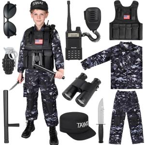 Luucio SWAT Police Costume for Kids, Kids Police Officer Costume for Boys with SWAT Vest, Halloween Costumes for Boys Girls (Medium-(5-7 Year))