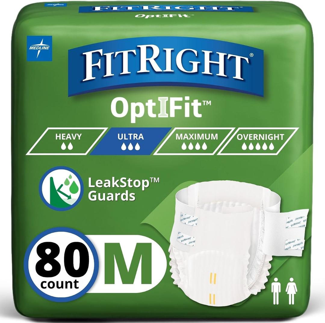 FitRight Ultra Heavy Absorbency Adult Diapers for Men & Women, Waist Size: Medium 32-44 inches, OptiFit Incontinence Disposable Briefs with Leak Protection for Seniors, 80 Count (M)