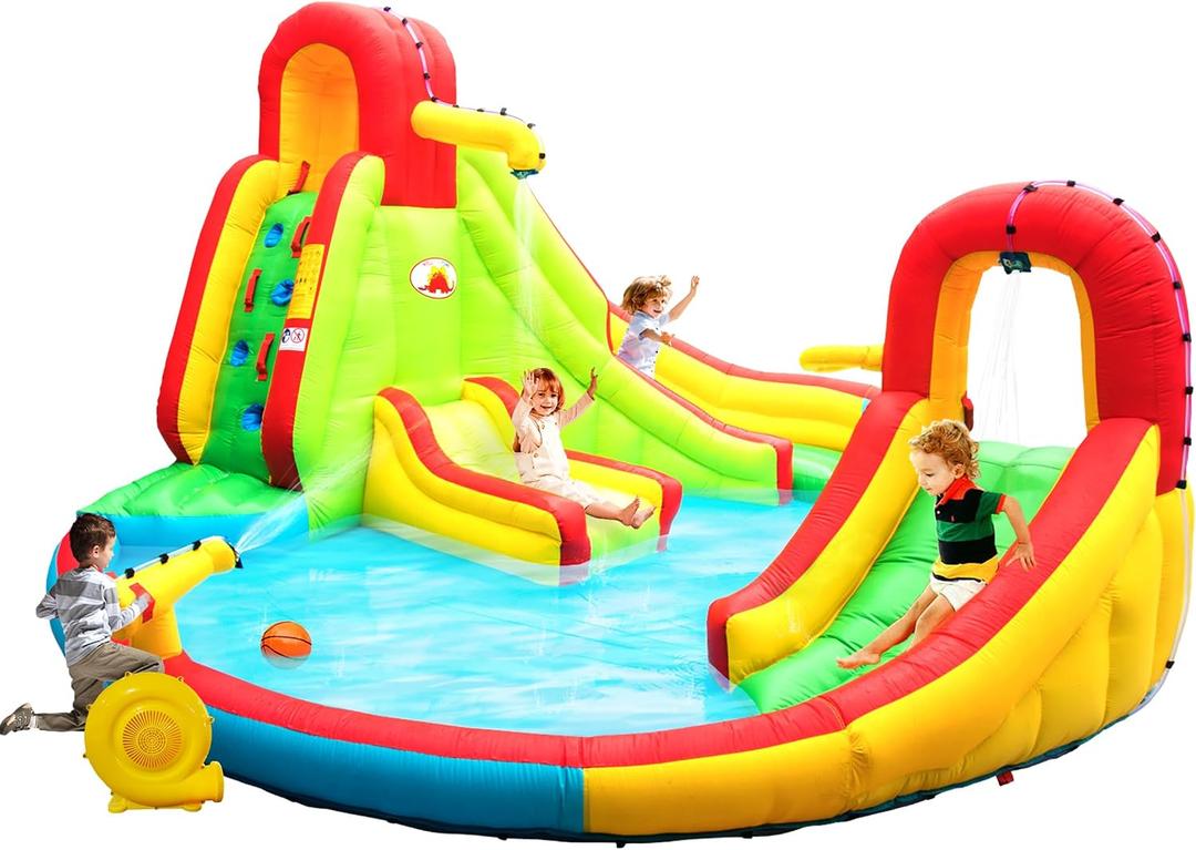 WELLFUNTIME Inflatable Water Park with Blower, Bouncy Castle & Jumping Castle 2 Slides, Climbing Wall, Water Gun, Lounge and Basketball Hoop, 165 x 165 x 90.5 Inch
