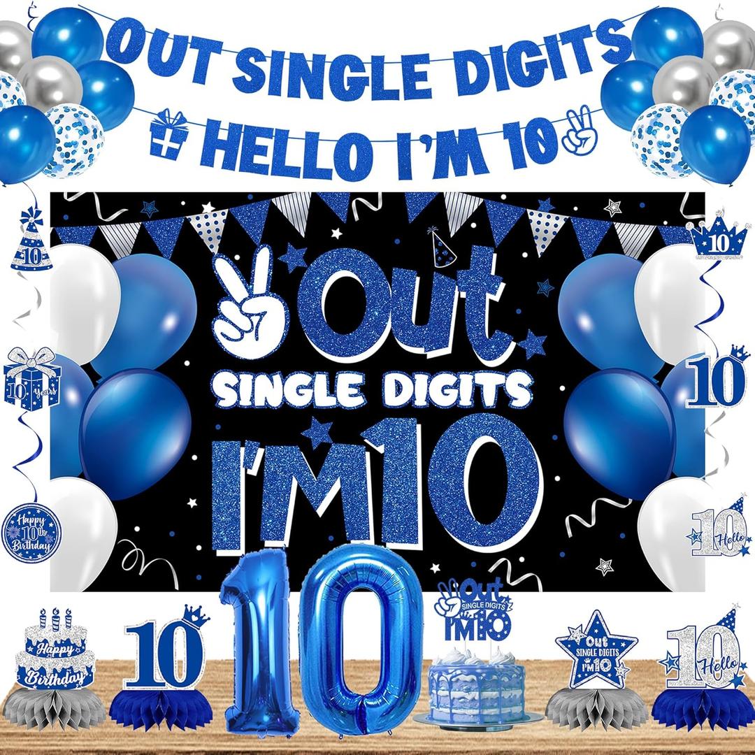 DARUNAXY 10th Birthday Party Decorations for Boys Girls, Blue Out Single Digits Im 10 Banner, 10 Number Balloons & Cake Topper, 10 Years Old Birthday Honeycomb Hanging Swirl Confetti Balloons (28PC)