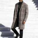 Uaneo Mens Winter Trench Coat Notched Collar Single Breasted Plaid Mid Long Peacoat Overcoats with Pockets (Brown, M)