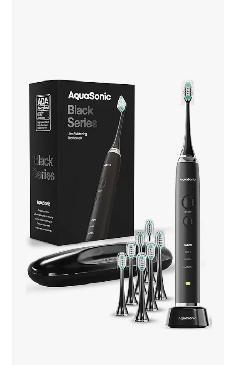 Aquasonic Black Series Ultra Whitening Toothbrush – ADA Accepted Electric Toothbrush 8 Brush Heads & Travel Case – 40,000 VPM Electric Motor & Wireless Charging  4 Modes w Smart Timer