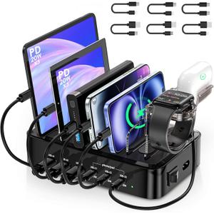 Phone Charging Station for Multiple Devices - 90W 6 Port Charging Station Organizer, 3PD 20W USB-C Fast Charging Dock for iPhones/iPads/Tablet/Kindles with 6 Mixed Cables, Air pod& Watch Holder