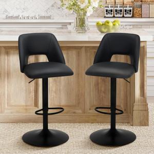 COLAMY Bar Stools Set of 2, Modern Swivel Bar Chairs, Adjustable PU Leather Upholstered Barstools Counter Height with Square Open Back for Bar, Dining Room, Kitchen Island, Black