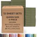 Bulk Case Pack of 12 Sheet Sets - (12) Complete Queen Size Sheet Sets with Deep Pockets - Wholesale Bulk Bedding for Hotels, Spas & Airbnbs - Breathable, Cooling & Wrinkle Free - (Queen, Sage Green)