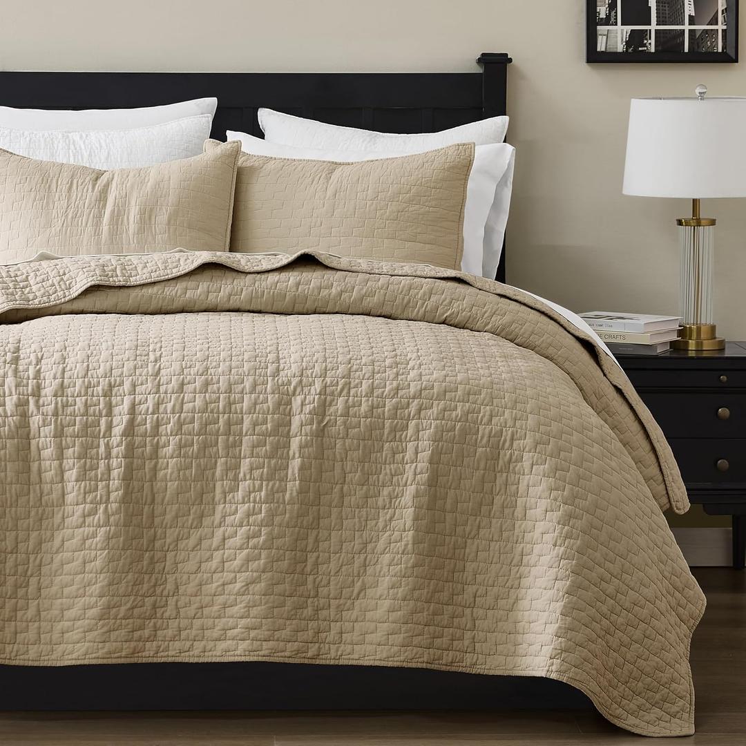 Palassio Dark Beige 100% Cotton Quilt Queen Size Bedding Sets with 2 Pillow Shams, Textured Lightweight Soft Bedspread Shabby Chic Coverlet, Quilted Comforter Bed Cover for All Season, 3 Pieces, Queen(90"x96"