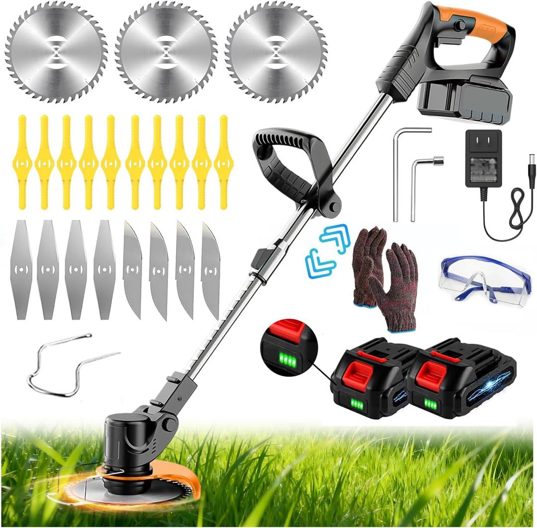 Electric Cordless Weed Wacker, 21V Electric Weed Wacker Eater with Battery Charger, 3 in 1 Grass Trimmer with 4 Types Blade, Lightweight Adjustable Design for Lawn, Yard, 35-47 inches