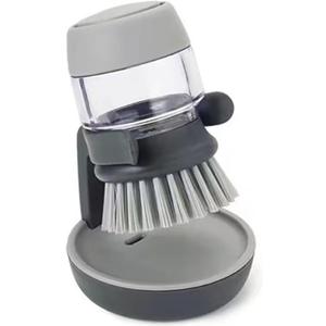Dish Brush with Soap Dispenser, Dishwashing Kitchen Scrub Brushes Dish Scrubber with Holder Drip Tray, for Cleaning Pan, Pot, Sink(Grey)