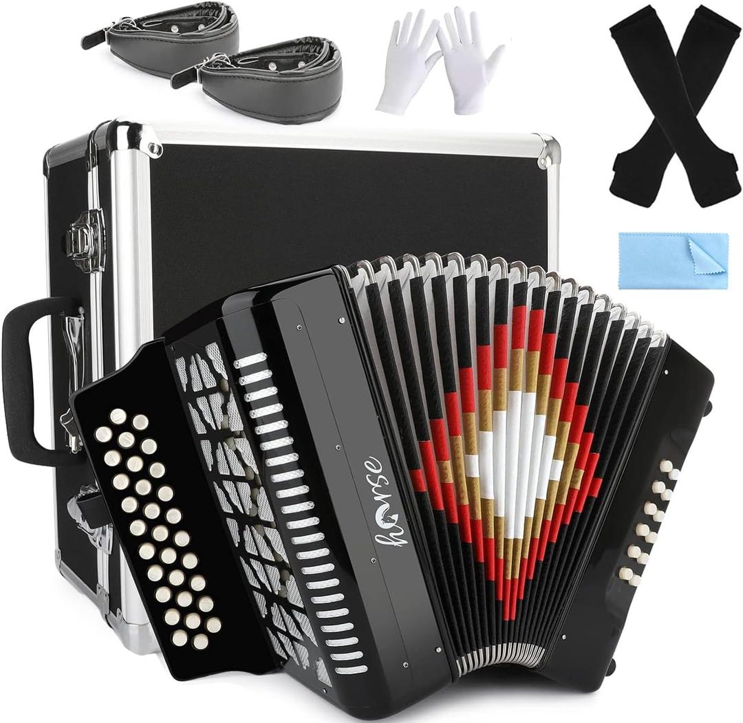 Horse 31 Key Accordion,12 Bass 3-Row G/C/F Diatonic Accordions Instruments for Adults with Thicked Suitcase and Straps, 31 Keys Button Acorden Acordeones Para Adultos For Beginners to Professionals