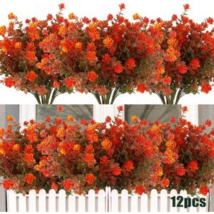 12 Bundles Artificial Outdoor Flowers UV Resistant Fake Plastic Plants No Fade Faux Fall Flowers for Hanging Planter Garden Porch Patio Window Box Wedding Thanksgiving Halloween Decor(Green Orange)
