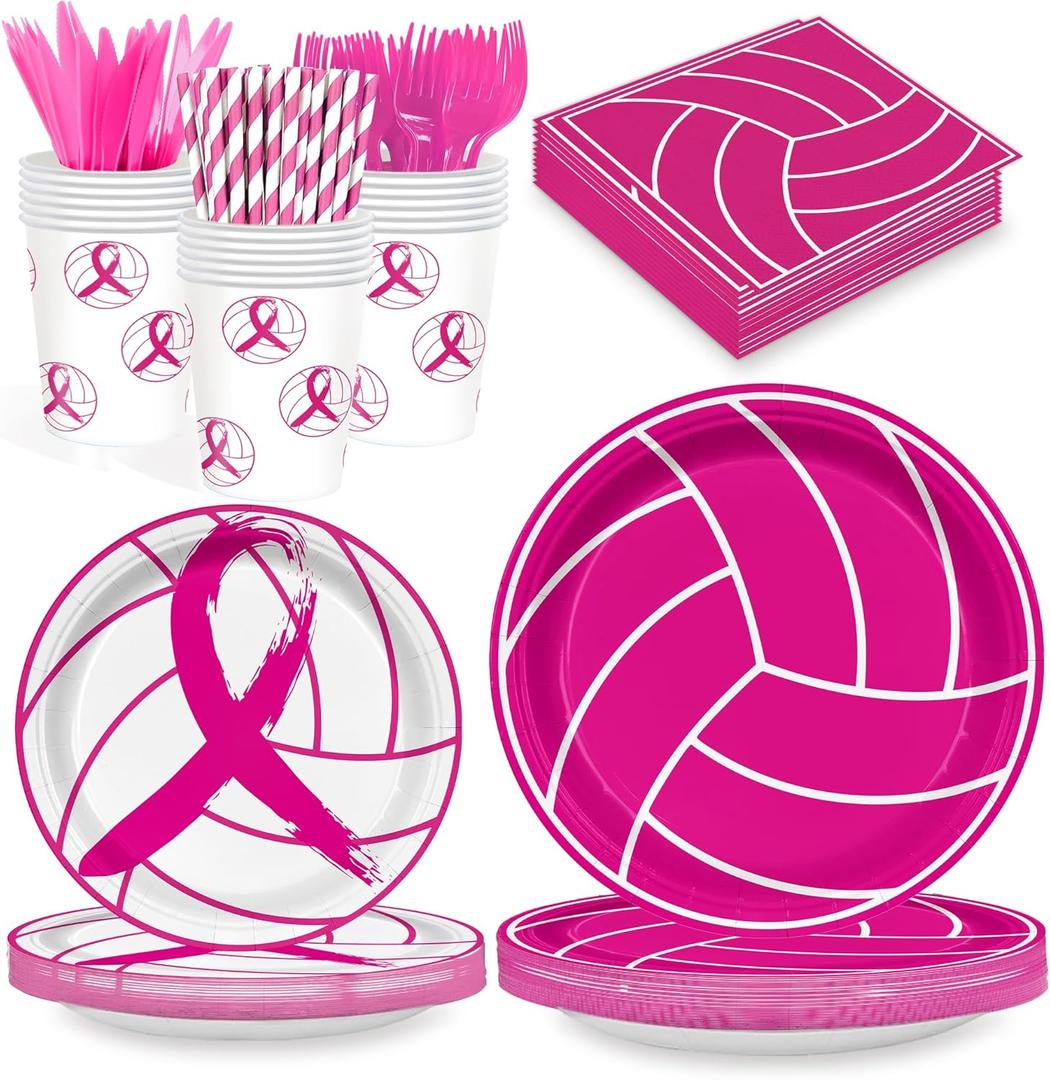 168 PCS Pink Volleyball Party Supplies Serves 24, Disposable Tableware Set with Plates Napkins Cups Cutlery Straws, Sports Birthday & Breast Cancer Awareness Decorations