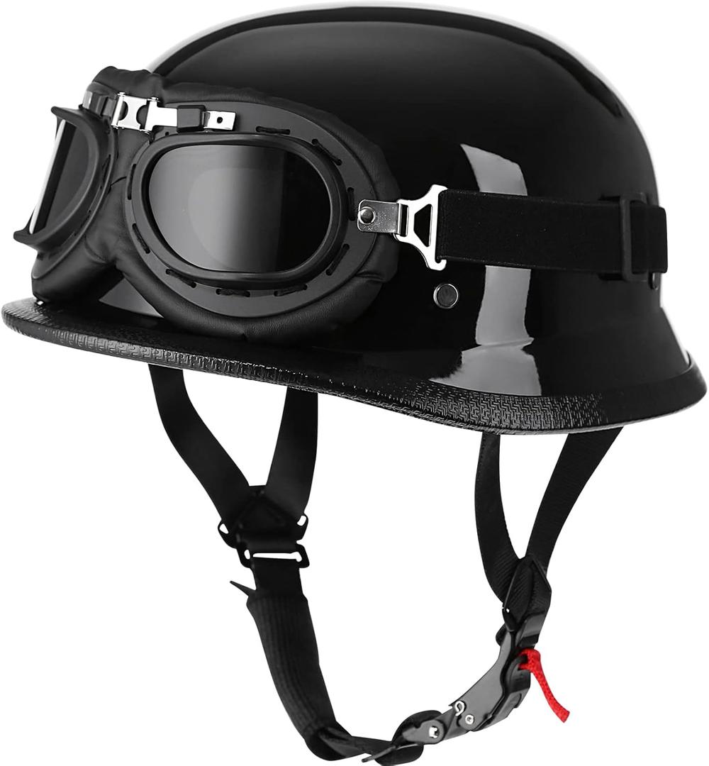Helmet Half Shell German Motorcycle Helmet with Cycling Glasses - DOT Approved (Large, Light Black)