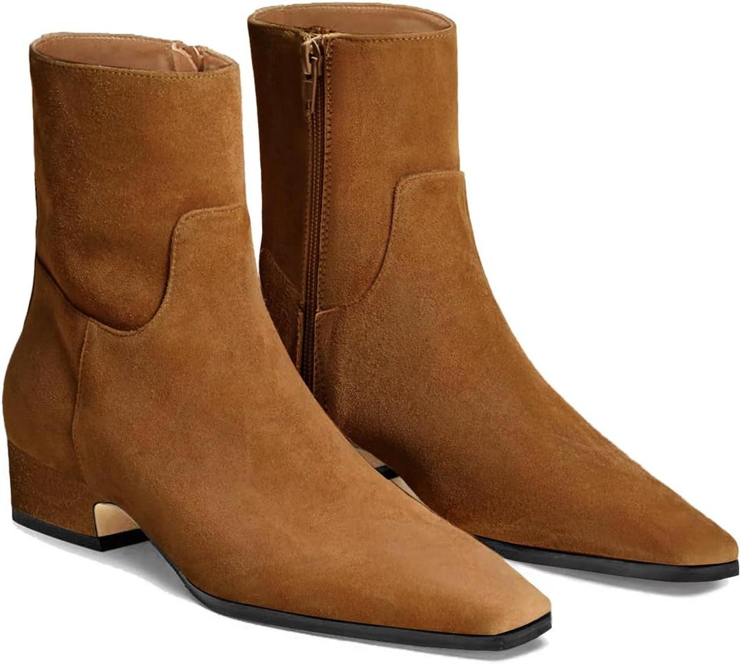 Coutgo Womens Booties Low Heel Ankle Boots Square Pointed Toe Chunky Heel Side Zipper Dressy Fall Boots Shoes (8, Brown)