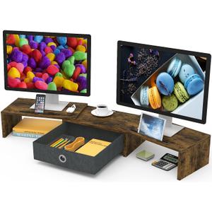 WESTREE Dual Monitor Stand Riser with Drawer, 3 Shelf Computer Monitor Riser with Adjustable Length and Angle, Desktop Monitor Stand Riser Storage Organizer for 2 Monitors