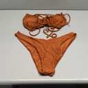 ZAFUL Women's Wrinkled Bikini Ruffles SolidTie Up Sexy Bikini Set Swimsuit Brown L