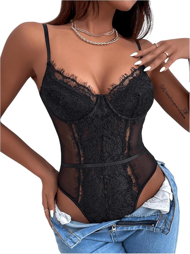 SHENHE Women's Floral Lace Spaghetti Strap Sheer Mesh Sleeveless Cami Bodysuit Tops (XL, Black)