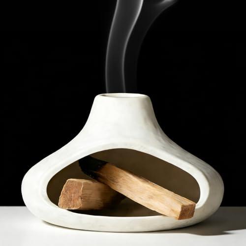 Ceramic Palo Santo Holder with Mini Chimney, Ash Catcher Incense Holder for Palo Santo Sticks, Sage Bundles, Incense Cones, Fireplace Style Smudge Bowl for Meditation, Yoga Home Decor(White)