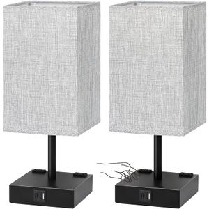 Bedside Table Lamps Set of 2 - Touch Nightstand Lamp for Bedroom with USB C+A Charging Ports & AC Outlets, 3-Way Dimmable Desk Lamp Grey Fabric Shade for Bedroom Living Room, Office (Bulb Included)