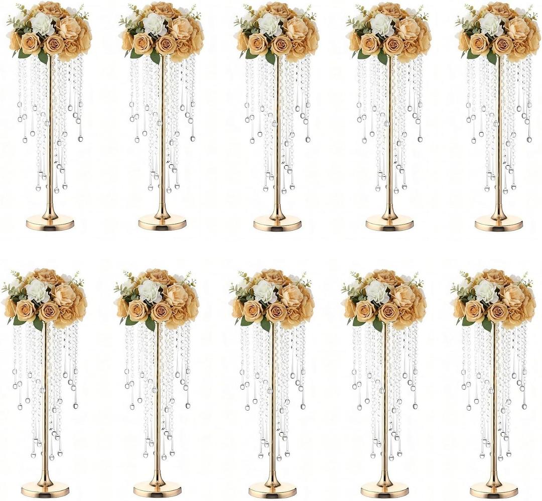 Bigsee 10 Pcs 21.65 inches Crystal Flower Stand Wedding Centerpieces for Tables, Tabletop Gold Metal Flower Arrangement Holder, Elegant Bulk Metal Vases for Reception Party Ceremony Decoration